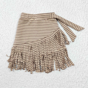 Khaki Stripe Tassels Girls Skirts
