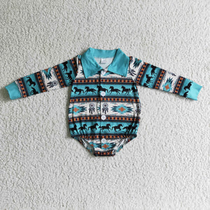 Horses Aztec Print Blue Polo Boys Fall Romper