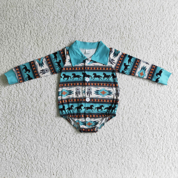Horses Aztec Print Blue Polo Boys Fall Romper