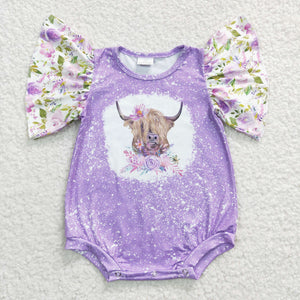 Highland Cow Floral Purple Girls Summer Romper