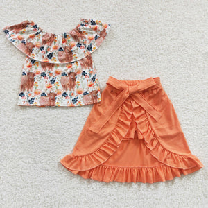 Highland Cow Floral Orange Girls Skirt Sets