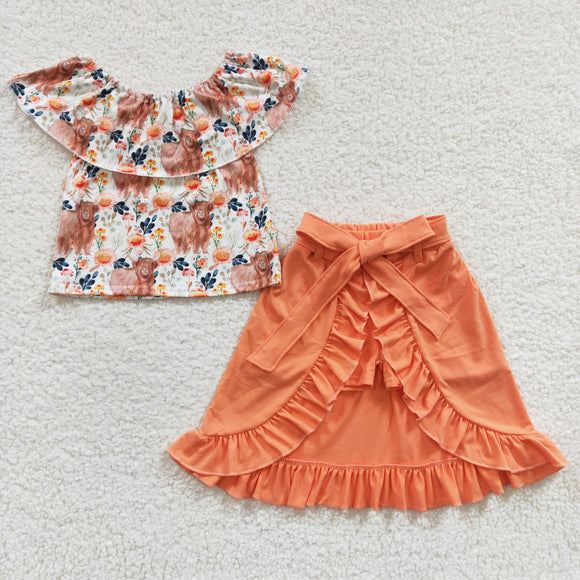 Highland Cow Floral Orange Girls Skirt Sets