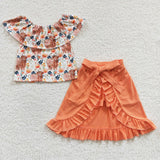 Highland Cow Floral Orange Girls Skirt Sets