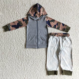 Camo Dinosaur Gray Zipper Boys Fall Hoodie Sets