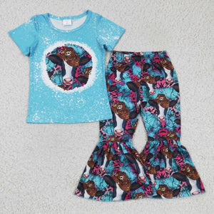 Promotional Cows Sky Blue Girls Short Sleeve+Trousers Sets