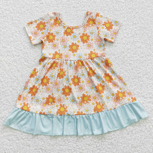 Floral Beige Ruffles Girls Short Sleeve Dress