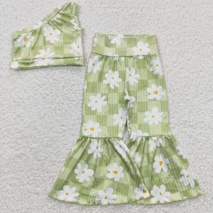 One Shoulder Floral Green Plaid Girls Short Sleeve+Trousers Sets