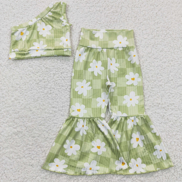 One Shoulder Floral Green Plaid Girls Short Sleeve+Trousers Sets