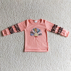 Turkey Leopard Print Ruffles Pink Girls Thanksgiving Top