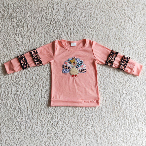 Turkey Leopard Print Ruffles Pink Girls Thanksgiving Top