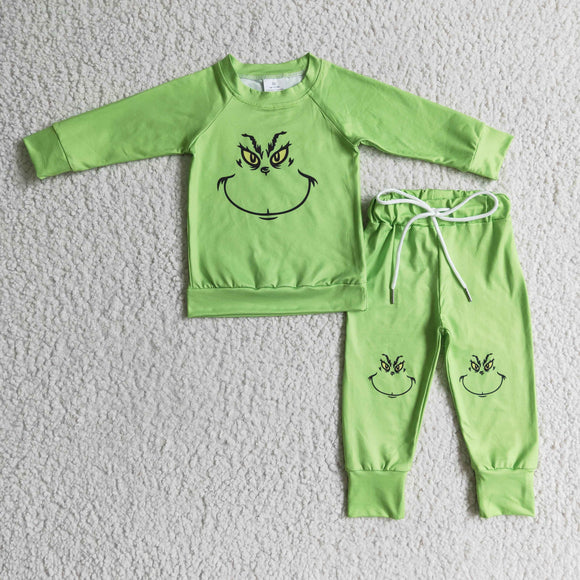Cartoon Smile Solid Green Boys Christmas Outfits