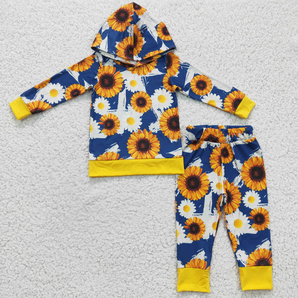 Promotional Sunflower Blue Yellow Boys Fall Hoodie Sets