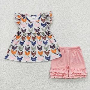 Promotional Chicken Gray Pink Girls Shorts Sets