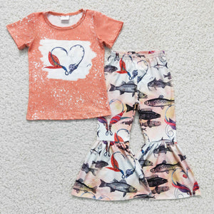 Fishing Love Orange Girls Short Sleeve+Trousers Sets