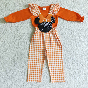 Cartoon Orange Plaid Overalls Sets Girls Halloween Outfits
