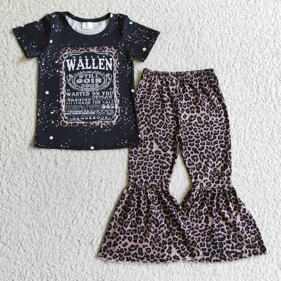 Promotional Letters Leopard Print Music Black Girls Short Sleeve+Trousers Sets