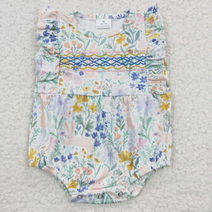 Floral Sky Blue Pink Bunny Girls Easter Romper