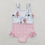 Horse Floral Orange Plaid Ruffles Girls Swimsuits