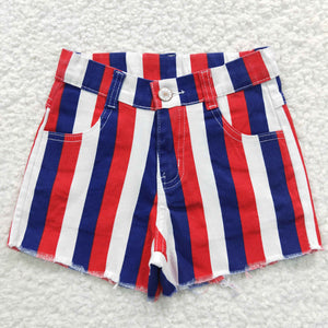 Red Blue White Stripe Denim Shorts Girls 4th of July Pant