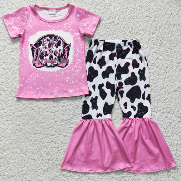 Cowgirl Boots Cow Print Hot Pink Girls Short Sleeve+Trousers Sets