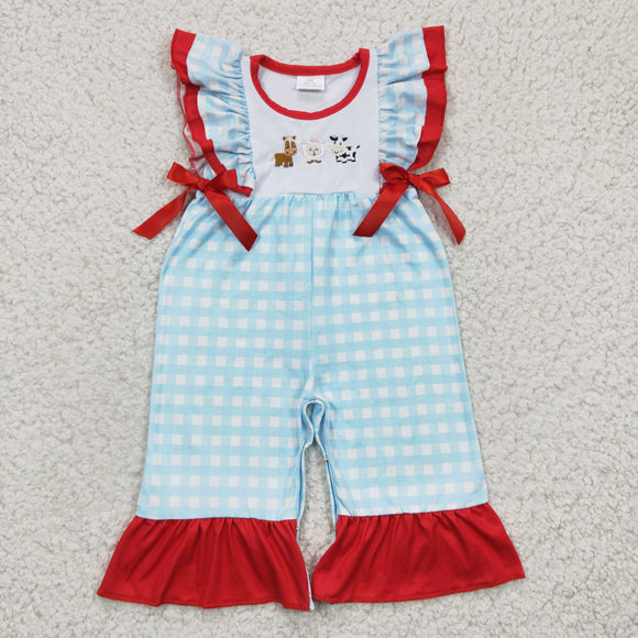 Horse Sheep Cow Blue Plaid Red Bow Girls Summer Romper