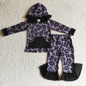 Leopard Print Black Ruffles Gray Girls Fall Hoodie Sets