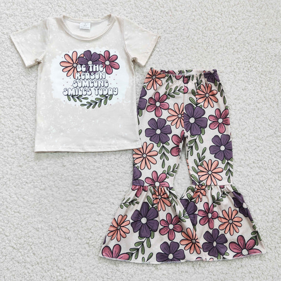 Letters Floral Beige Girls Short Sleeve+Trousers Sets