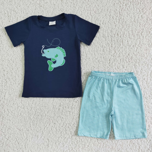 Fish Embroidery Blue Plaid Navy Boys Shorts Sets