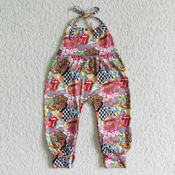 Cartoon Rubik's Cube Plaid Red Girls Jumpsuit