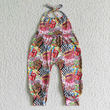 Cartoon Rubik's Cube Plaid Red Girls Jumpsuit