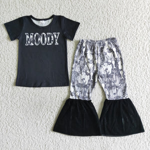 Promotional Moody Cow Black Girls Short Sleeve+Trousers Sets