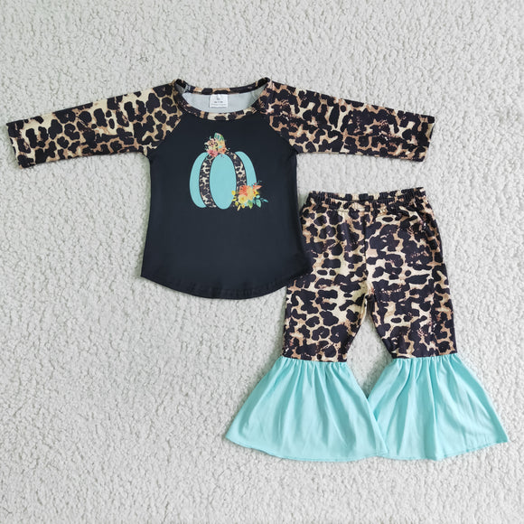 Promotional Leopard Print Pumpkin Blue Black Girls Long Sleeve+ Trousers Sets