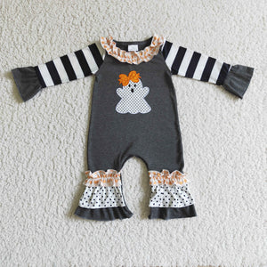 Ghost Black White Stripes Girls Halloween Romper