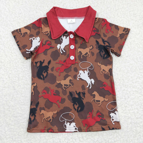 Rodeo Horse Red Brown Boys Short Sleeve Top