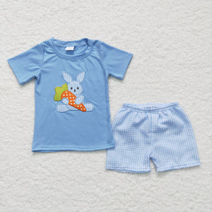 Promotional Bunny Carrot Sky Blue Plaid Boys Easter Outfits