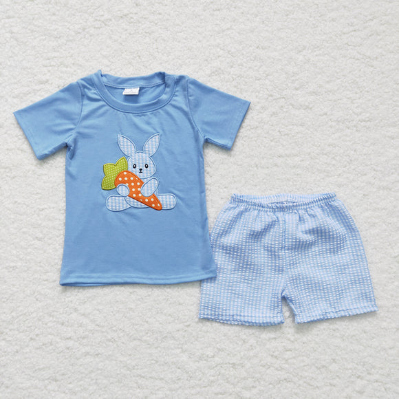 Promotional Bunny Carrot Sky Blue Plaid Boys Easter Outfits