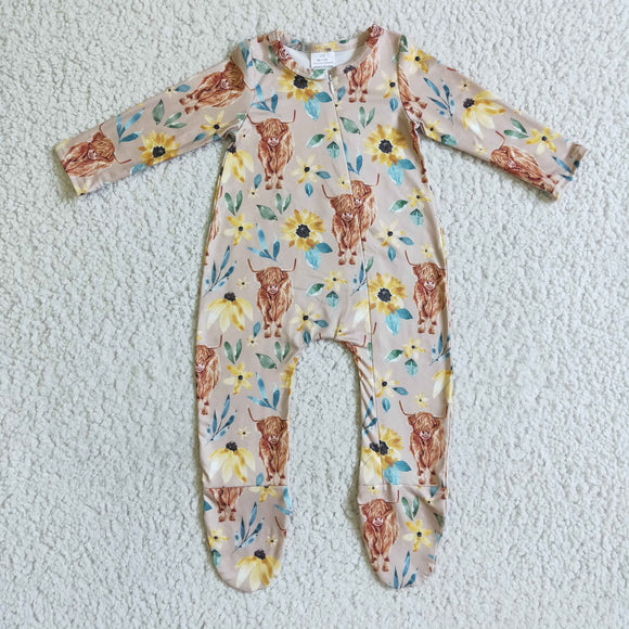 Promotional Floral Highland Cow Khaki Boys Fall Romper