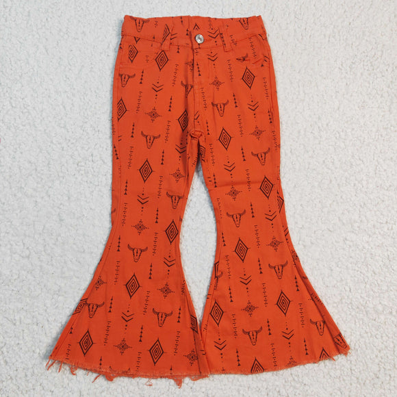 Highland Cow Aztec Orange Flared Girls Jeans Pants