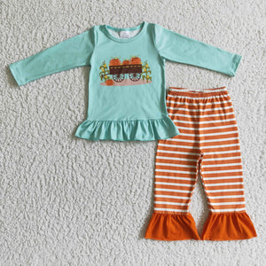 Promotional Pumpkin Car Orange Stripes Green Girls Long Sleeve+Trousers Sets