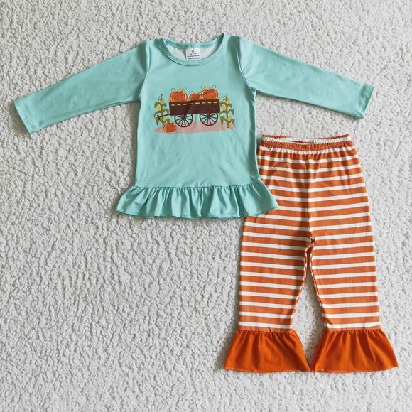 Promotional Pumpkin Car Orange Stripes Green Girls Long Sleeve+Trousers Sets