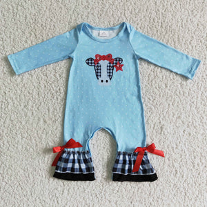 Promotional Cow Print Red Bows Lace Blue Girls Fall Romper