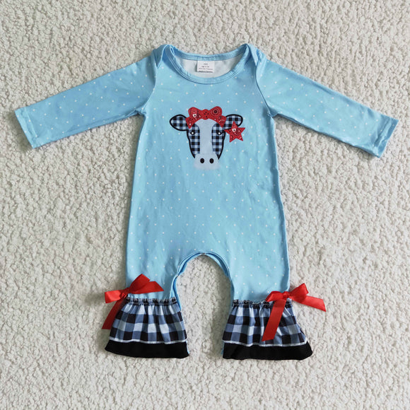 Promotional Cow Print Red Bows Lace Blue Girls Fall Romper