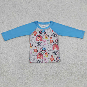 Farm Animals Gray Sky Blue Boys Long Sleeve Top