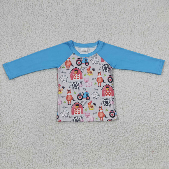 Farm Animals Gray Sky Blue Boys Long Sleeve Top