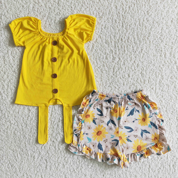Promotional Yellow Criss-Cross Floral Girls Shorts Sets