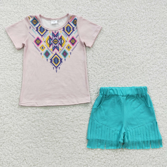 Promotional Aztec Tassels Pink Girls Shorts Sets