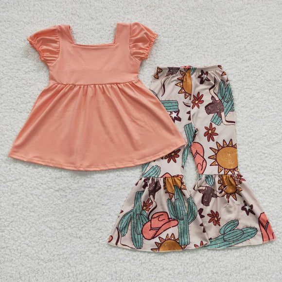 Solid Pink Rodeo Cactus Cow Sun Girls Short Sleeve+Trousers Sets
