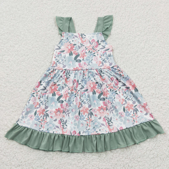 Floral Bluish White Ruffles Girls Flutter Sleeve Dress