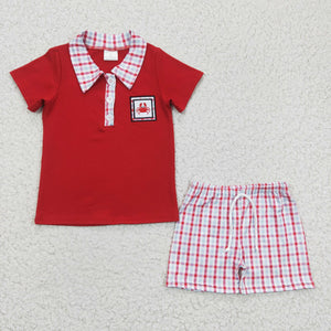 Crab Embroidery Plaid Red Boys Shorts Sets