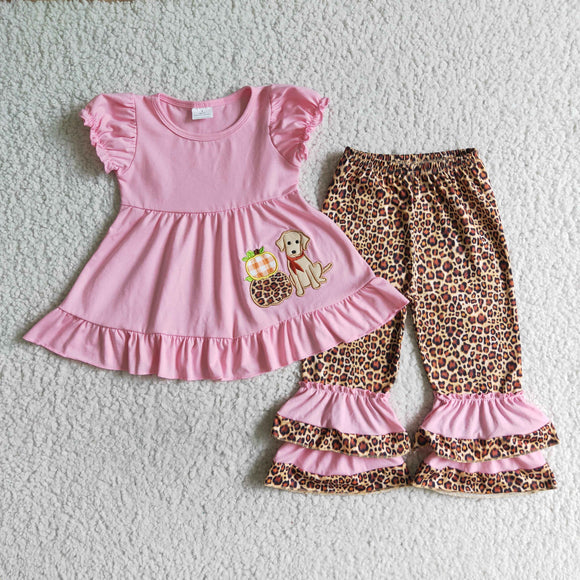 Pumpkin Dog Pink Leopard Girls Short Sleeve+Trousers Sets